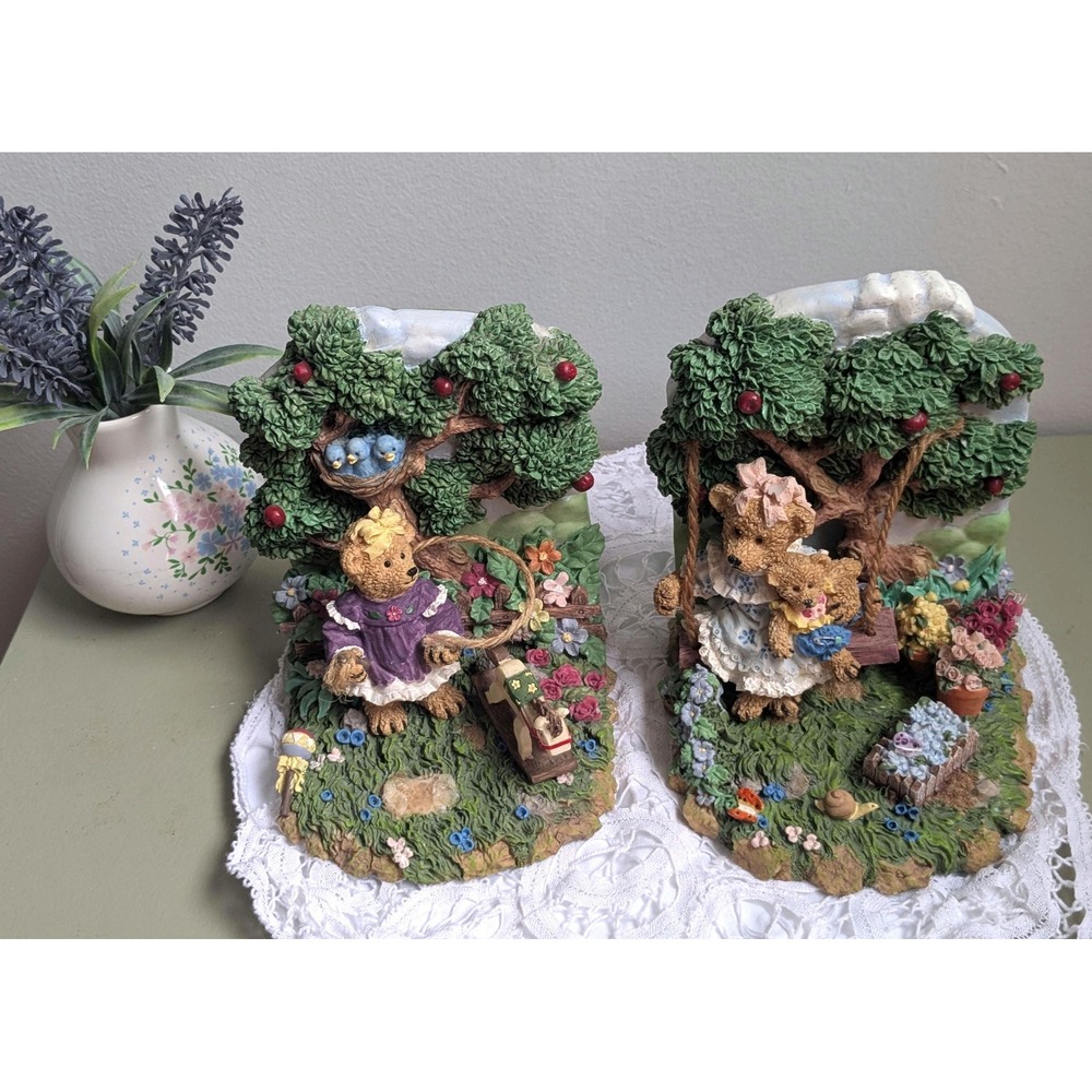 Vintage Teddy Bear Bookends Garden Cottage Decor Resin Bear Nursery Book Ends